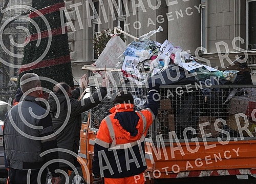 A Christmas tree decorated in front of the City assembly by activists of the One in five million movement, the let's defend Kosutnjak initiative, the New party and the Green party in the action 