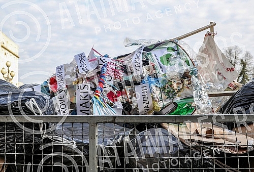 A Christmas tree decorated in front of the City assembly by activists of the One in five million movement, the let's defend Kosutnjak initiative, the New party and the Green party in the action 