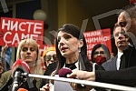The vice president of the Party of Freedom and Justice, Marinika Tepiv, addressed the gathered citizens and the media after the hearing in the Police Administration in Jagodina, where she was invited to testify regarding her claims that Dragan Markov