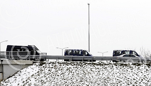 Police block access to Sport Center Kovilovo due to deferred handball match of Serbia vs. Serbia.Policija blokira prilaz Sportskom centru Kovilovo zbog odlozene rukometne utakmice juniora Srbija protiv Kosova.
