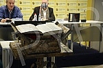 The organizer of the facsimile of Miroslav's Gospel, Veljko Topalovic, and the author of the documentary series on the history of the manuscript, Bosko Savkovic, held a press conference to discuss the damage to Miroslav's Gospel.Priredjivac faksimi