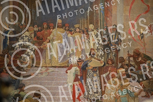 On the occasion of marking the Statehood Day of the Republic of Serbia, the National Museum, after extensive conservation and restoration works, today solemnly presented the monumental work of Paje Jovanovic, Coronation of Emperor Dusan, also known a