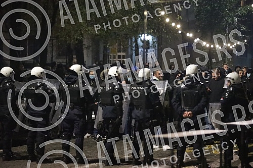 Police corrodon in Njegoseva Street, where Partizan fans gathered to prevent the 