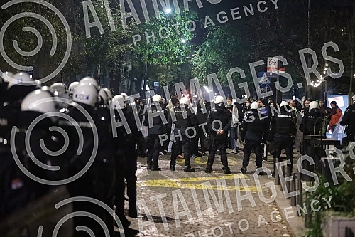 Police corrodon in Njegoseva Street, where Partizan fans gathered to prevent the 