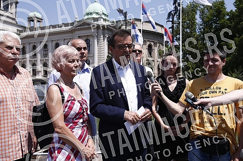 In front of the House of the National Assembly, a press conference of the President of the Movement for Change, Janko Veselinovic, on the occasion of the parliamentary elections and two years since the boycott of the previous elections.Ispred Doma 