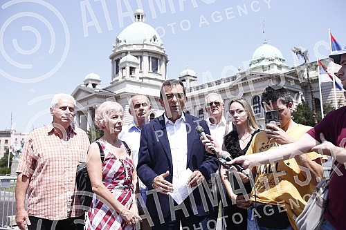 In front of the House of the National Assembly, a press conference of the President of the Movement for Change, Janko Veselinovic, on the occasion of the parliamentary elections and two years since the boycott of the previous elections.Ispred Doma 