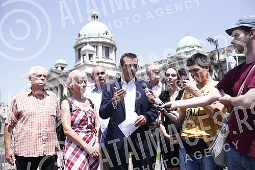 In front of the House of the National Assembly, a press conference of the President of the Movement for Change, Janko Veselinovic, on the occasion of the parliamentary elections and two years since the boycott of the previous elections.Ispred Doma 
