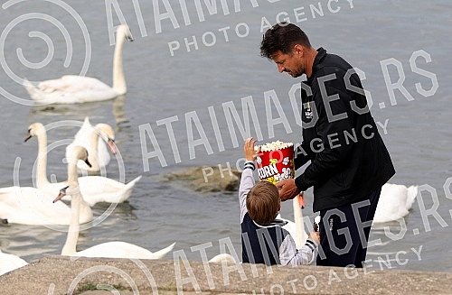 Former volleyball player Vanja Grbic and her family feed swans on the promenade on May 25 on the Danube.Bivsi odbojkas Vanja Grbic sa porodicom hrani labudove na setalistu 25 maj na Dunavu.