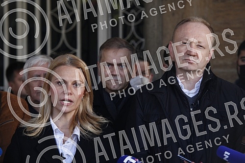 Press conference of the President of the Party of Freedom and Justice Dragan Djilas and the President of the Belgrade City Board of the Party of Freedom and Justice Mile Popovic in front of the National Assembly building (Kralja Milana 14) where the 