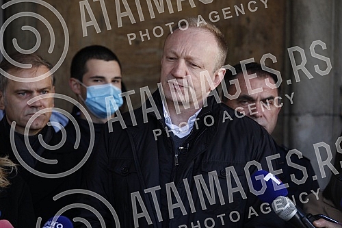Press conference of the President of the Party of Freedom and Justice Dragan Djilas and the President of the Belgrade City Board of the Party of Freedom and Justice Mile Popovic in front of the National Assembly building (Kralja Milana 14) where the 
