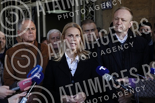 Press conference of the President of the Party of Freedom and Justice Dragan Djilas and the President of the Belgrade City Board of the Party of Freedom and Justice Mile Popovic in front of the National Assembly building (Kralja Milana 14) where the 