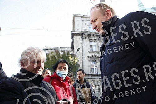 Press conference of the President of the Party of Freedom and Justice Dragan Djilas and the President of the Belgrade City Board of the Party of Freedom and Justice Mile Popovic in front of the National Assembly building (Kralja Milana 14) where the 