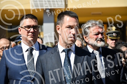 Marking the 23rd anniversary of the NATO bombing of FR Yugoslavia in 1999 - commemoration of soldiers from the territory of the Raska administrative district near the monument and fountain on Jovan Saric Square in front of the City Administration of 