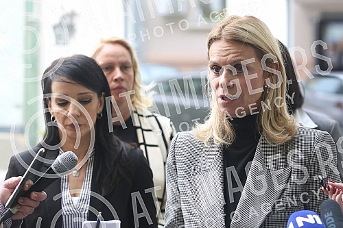 In front of the building in Baba Visnja street no. 34, press conference of the vice-president of the Party of Freedom and Justice, Marinika Tepic, on the topic 