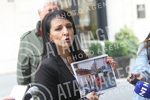 In front of the building in Baba Visnja street no. 34, press conference of the vice-president of the Party of Freedom and Justice, Marinika Tepic, on the topic 