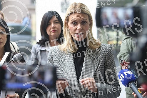 In front of the building in Baba Visnja street no. 34, press conference of the vice-president of the Party of Freedom and Justice, Marinika Tepic, on the topic 