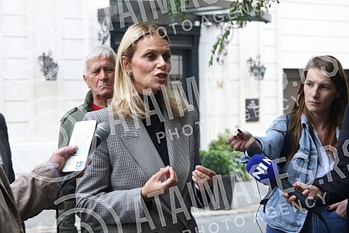 In front of the building in Baba Visnja street no. 34, press conference of the vice-president of the Party of Freedom and Justice, Marinika Tepic, on the topic 