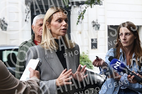 In front of the building in Baba Visnja street no. 34, press conference of the vice-president of the Party of Freedom and Justice, Marinika Tepic, on the topic 