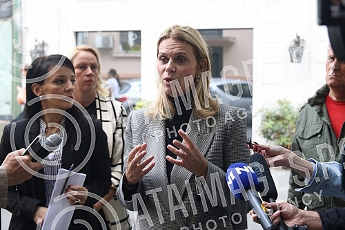 In front of the building in Baba Visnja street no. 34, press conference of the vice-president of the Party of Freedom and Justice, Marinika Tepic, on the topic 