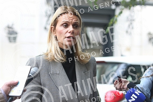 In front of the building in Baba Visnja street no. 34, press conference of the vice-president of the Party of Freedom and Justice, Marinika Tepic, on the topic 