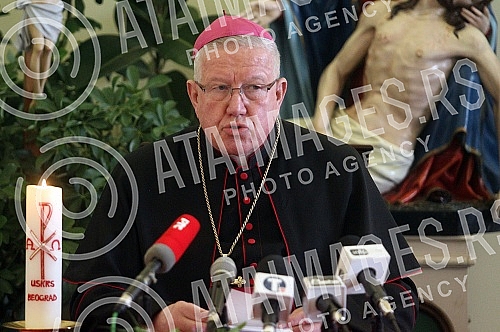 The press conference of the Archbishop of Belgrade, Stanislav Hocevar, was held in the Hall of the Parish of Christ the King, at which he presented the Easter message.U Dvorani parohije Krista Kralja odrzana je konferencija za novinare beogradskog n