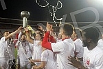 The Red Star football players are celebrating winning the fourth title in a row at the Rajko Mitic Stadium.Fudbaleri Crvene zvezde proslavljaju osvajanje cetvrte titule u nizu.