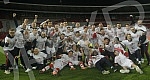 The Red Star football players are celebrating winning the fourth title in a row at the Rajko Mitic Stadium.Fudbaleri Crvene zvezde proslavljaju osvajanje cetvrte titule u nizu.