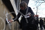 Natasa Kandic and Women in Black pasted graffiti dedicated to Ratko Mladic on the building of the Youth Center.Natasa Kandic i Zene u crnom prelepile su grafit posvecen Ratku Mladicu na zgradi Doma omladine.