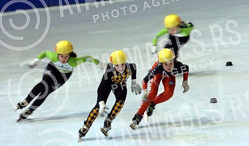Serbian Championships in speed skating held in Pionir Ice Hall - Detail from speed skating race at the younger categories Open Championship of Serbia in the discipline short path - Short track.Otvoreno prvenstvo Srbije u brzom klizanju odrzano u Led