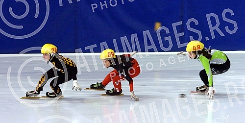 Serbian Championships in speed skating held in Pionir Ice Hall - Detail from speed skating race at the younger categories Open Championship of Serbia in the discipline short path - Short track.Otvoreno prvenstvo Srbije u brzom klizanju odrzano u Led