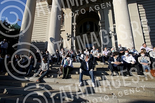  Representatives and leaders of opposition parties that announced the boycott of the election gathered in front of the Serbian Parliament tonight to protest because they believe the state of emergency has violated the Serbian Constitution due to a co
