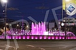 Roundabout on Slavija Square with illuminated fountain at night.Kruzni tok na Trgu Slavija  sa osvetljenom fontanom nocu.