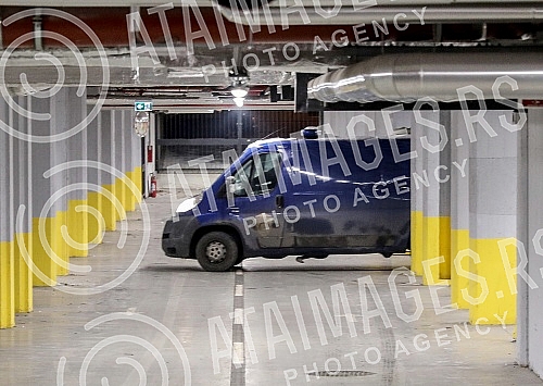 A police vehicle arrives to pick up acting teacher Miroslav Mika Aleksic, who is leaving the Higher public prosecutor's office, where he was questioned and on that occasion denied the accusations that he was a student at his school. Policijsko vozi