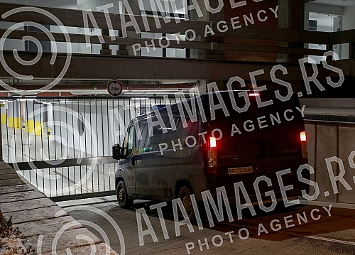 A police vehicle arrives to pick up acting teacher Miroslav Mika Aleksic, who is leaving the Higher public prosecutor's office, where he was questioned and on that occasion denied the accusations that he was a student at his school. Policijsko vozi