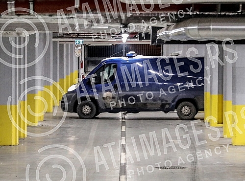 A police vehicle arrives to pick up acting teacher Miroslav Mika Aleksic, who is leaving the Higher public prosecutor's office, where he was questioned and on that occasion denied the accusations that he was a student at his school. Policijsko vozi