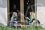 Director Jana Maricic and actress Hristina Popovic are enjoying Saturday with coffee in a cafe in the city center.Rediteljka Jana Maricic i glumica Hristina Popovic uzivaju u subotnjem danu uz kafu u kaficu u centru grada.