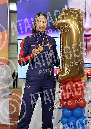 Ivana Spanovic, the winner of the gold medal at the WC indoor in the Birmingham.Docek Ivane Spanovic po osvajanju zlatn medalje na SP u dvorani u Birmigemu.