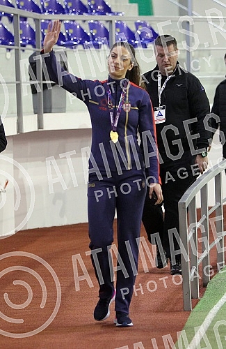 Ivana Spanovic, the winner of the gold medal at the WC indoor in the Birmingham.Docek Ivane Spanovic po osvajanju zlatn medalje na SP u dvorani u Birmigemu.