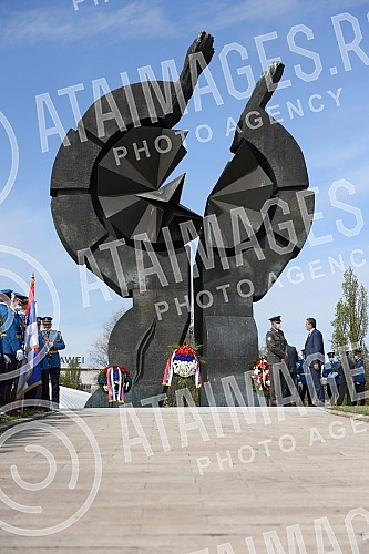 State wreath-laying ceremony and state and military honors to mark Holocaust Remembrance Day, genocide and other victims of World War II fascism at the Monument to the Victims of World War II Genocide within the former Nazi death camp complex, 