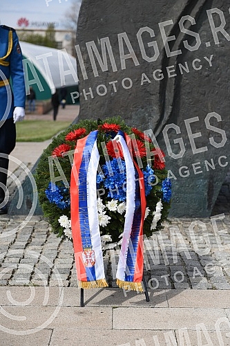 State wreath-laying ceremony and state and military honors to mark Holocaust Remembrance Day, genocide and other victims of World War II fascism at the Monument to the Victims of World War II Genocide within the former Nazi death camp complex, 