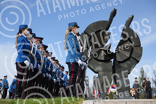 State wreath-laying ceremony and state and military honors to mark Holocaust Remembrance Day, genocide and other victims of World War II fascism at the Monument to the Victims of World War II Genocide within the former Nazi death camp complex, 