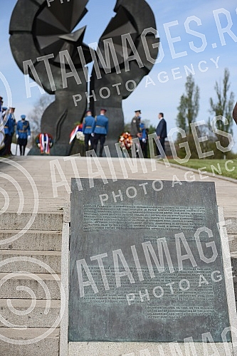 State wreath-laying ceremony and state and military honors to mark Holocaust Remembrance Day, genocide and other victims of World War II fascism at the Monument to the Victims of World War II Genocide within the former Nazi death camp complex, 
