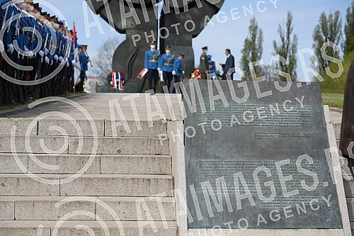 State wreath-laying ceremony and state and military honors to mark Holocaust Remembrance Day, genocide and other victims of World War II fascism at the Monument to the Victims of World War II Genocide within the former Nazi death camp complex, 