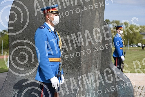 State wreath-laying ceremony and state and military honors to mark Holocaust Remembrance Day, genocide and other victims of World War II fascism at the Monument to the Victims of World War II Genocide within the former Nazi death camp complex, 