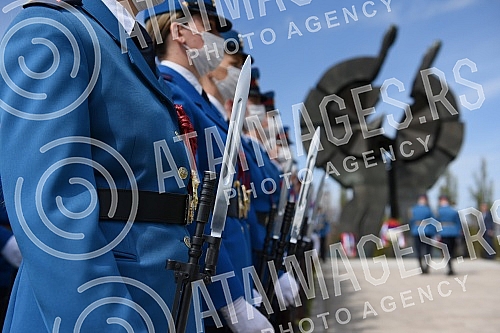 State wreath-laying ceremony and state and military honors to mark Holocaust Remembrance Day, genocide and other victims of World War II fascism at the Monument to the Victims of World War II Genocide within the former Nazi death camp complex, 