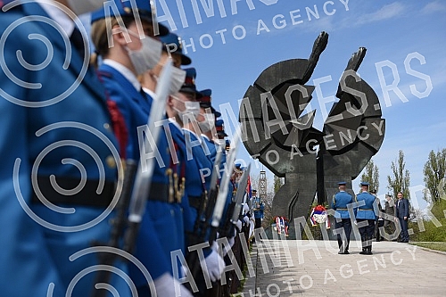 State wreath-laying ceremony and state and military honors to mark Holocaust Remembrance Day, genocide and other victims of World War II fascism at the Monument to the Victims of World War II Genocide within the former Nazi death camp complex, 
