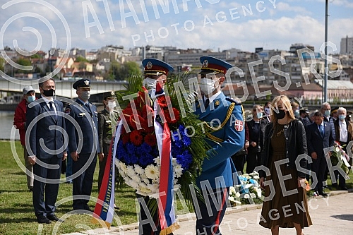 State wreath-laying ceremony and state and military honors to mark Holocaust Remembrance Day, genocide and other victims of World War II fascism at the Monument to the Victims of World War II Genocide within the former Nazi death camp complex, 