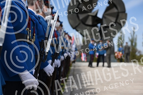State wreath-laying ceremony and state and military honors to mark Holocaust Remembrance Day, genocide and other victims of World War II fascism at the Monument to the Victims of World War II Genocide within the former Nazi death camp complex, 