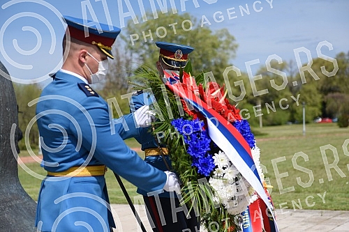 State wreath-laying ceremony and state and military honors to mark Holocaust Remembrance Day, genocide and other victims of World War II fascism at the Monument to the Victims of World War II Genocide within the former Nazi death camp complex, 