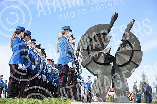 State wreath-laying ceremony and state and military honors to mark Holocaust Remembrance Day, genocide and other victims of World War II fascism at the Monument to the Victims of World War II Genocide within the former Nazi death camp complex, 